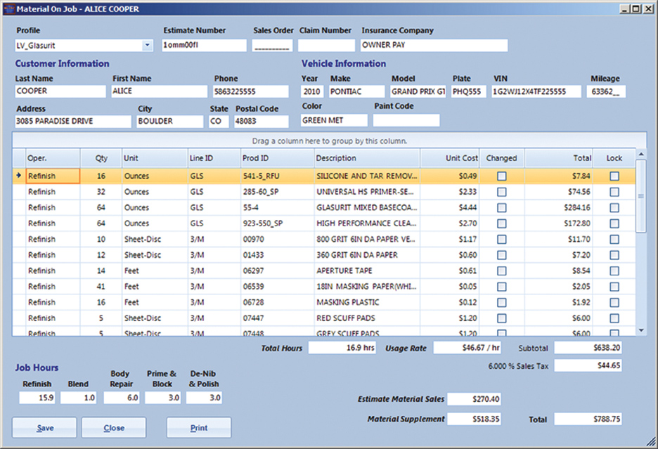 View/Edit Estimated Materials