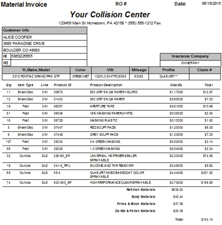 Itemized Material Estimate Reporting